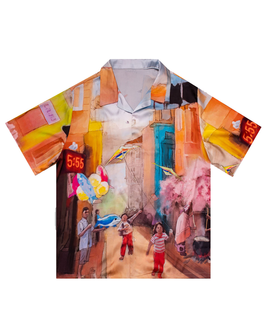A colorful, patterned bowling shirt with a collage of urban scenes and decorative elements.